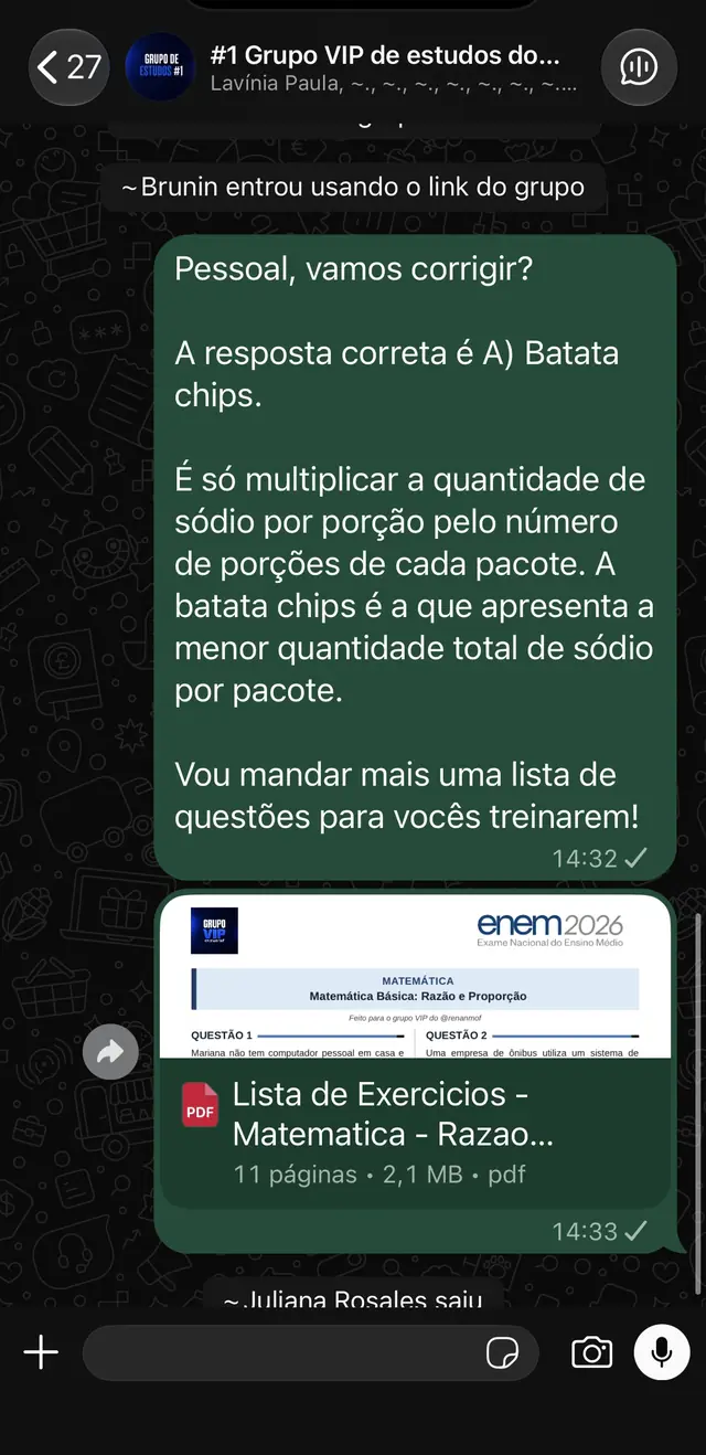 Print real do Grupo VIP de estudos no WhatsApp, com correção de questão e lista de exercícios de Matemática